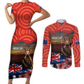 Australia ANZAC Day Couples Matching Short Sleeve Bodycon Dress and Long Sleeve Button Shirt Koala and Kangaroo Red Poppy Flower Field Aboriginal Pattern