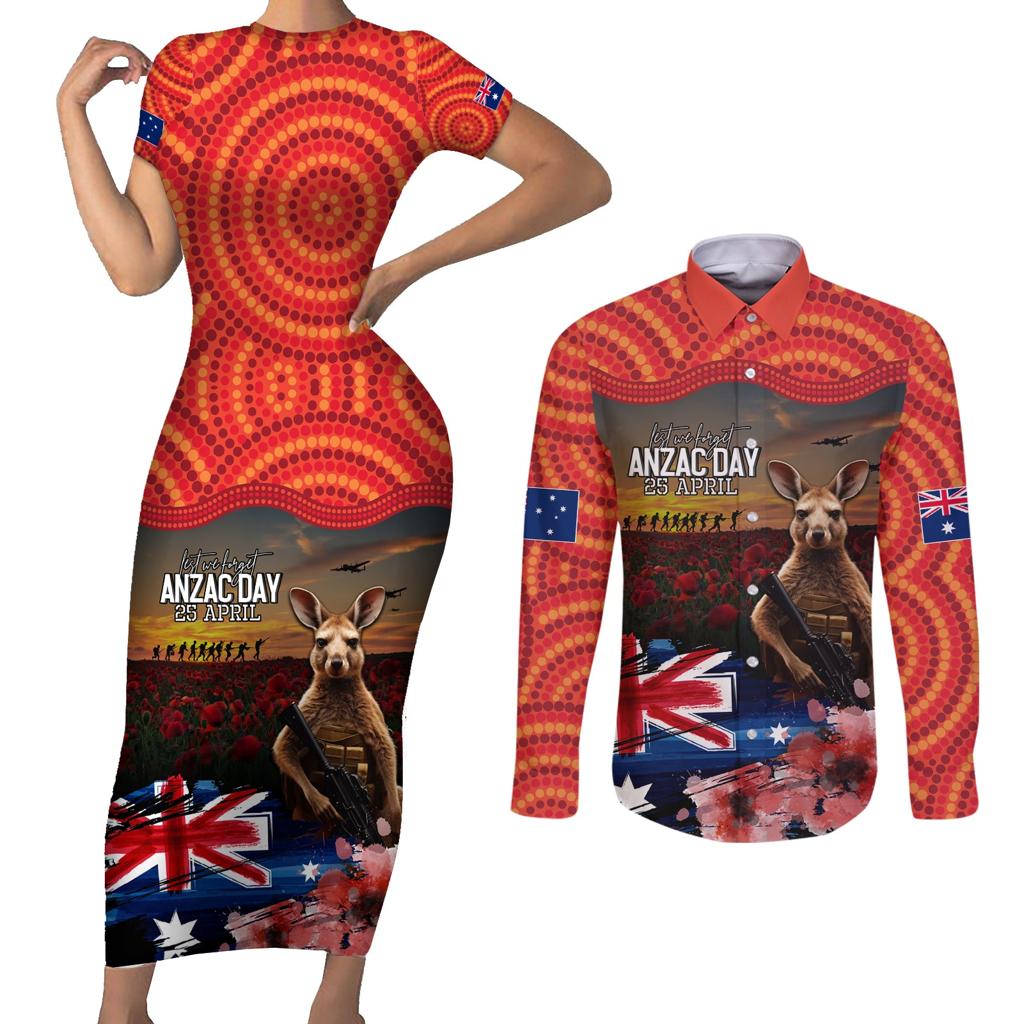 Australia ANZAC Day Couples Matching Short Sleeve Bodycon Dress and Long Sleeve Button Shirt Koala and Kangaroo Red Poppy Flower Field Aboriginal Pattern