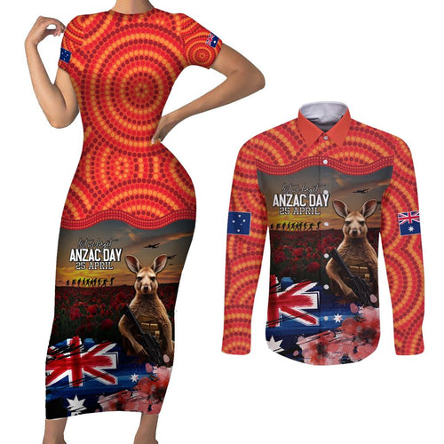 Australia ANZAC Day Couples Matching Short Sleeve Bodycon Dress and Long Sleeve Button Shirt Koala and Kangaroo Red Poppy Flower Field Aboriginal Pattern