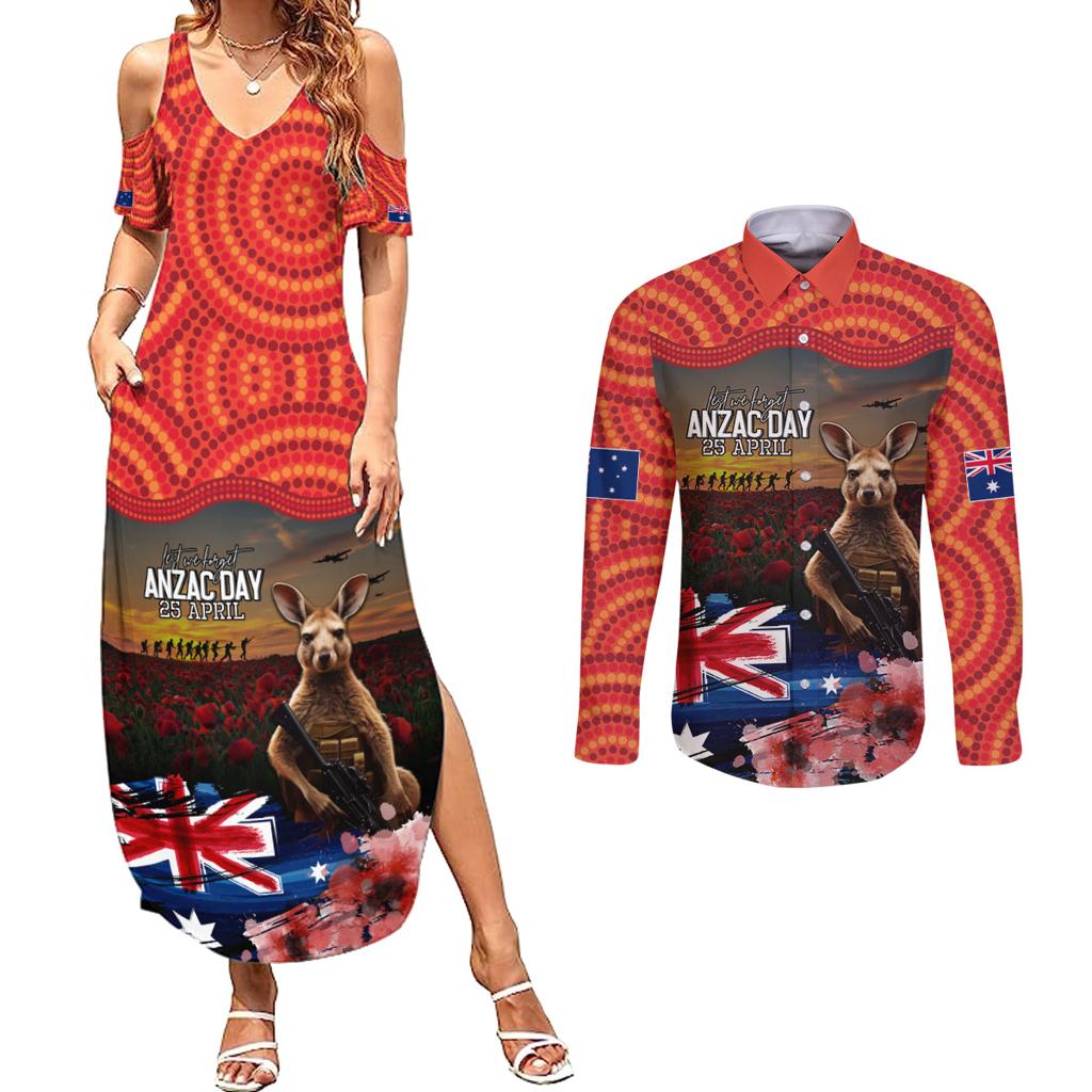 Australia ANZAC Day Couples Matching Summer Maxi Dress and Long Sleeve Button Shirt Koala and Kangaroo Red Poppy Flower Field Aboriginal Pattern