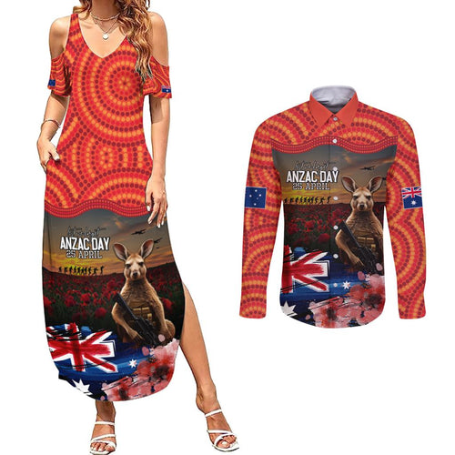 Australia ANZAC Day Couples Matching Summer Maxi Dress and Long Sleeve Button Shirt Koala and Kangaroo Red Poppy Flower Field Aboriginal Pattern