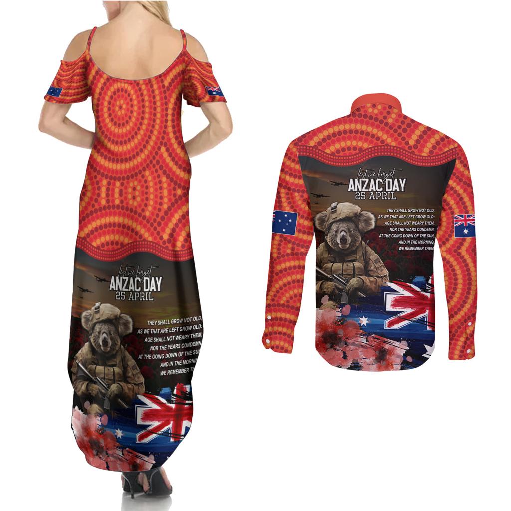 Australia ANZAC Day Couples Matching Summer Maxi Dress and Long Sleeve Button Shirt Koala and Kangaroo Red Poppy Flower Field Aboriginal Pattern