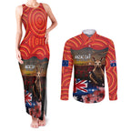 Australia ANZAC Day Couples Matching Tank Maxi Dress and Long Sleeve Button Shirt Koala and Kangaroo Red Poppy Flower Field Aboriginal Pattern