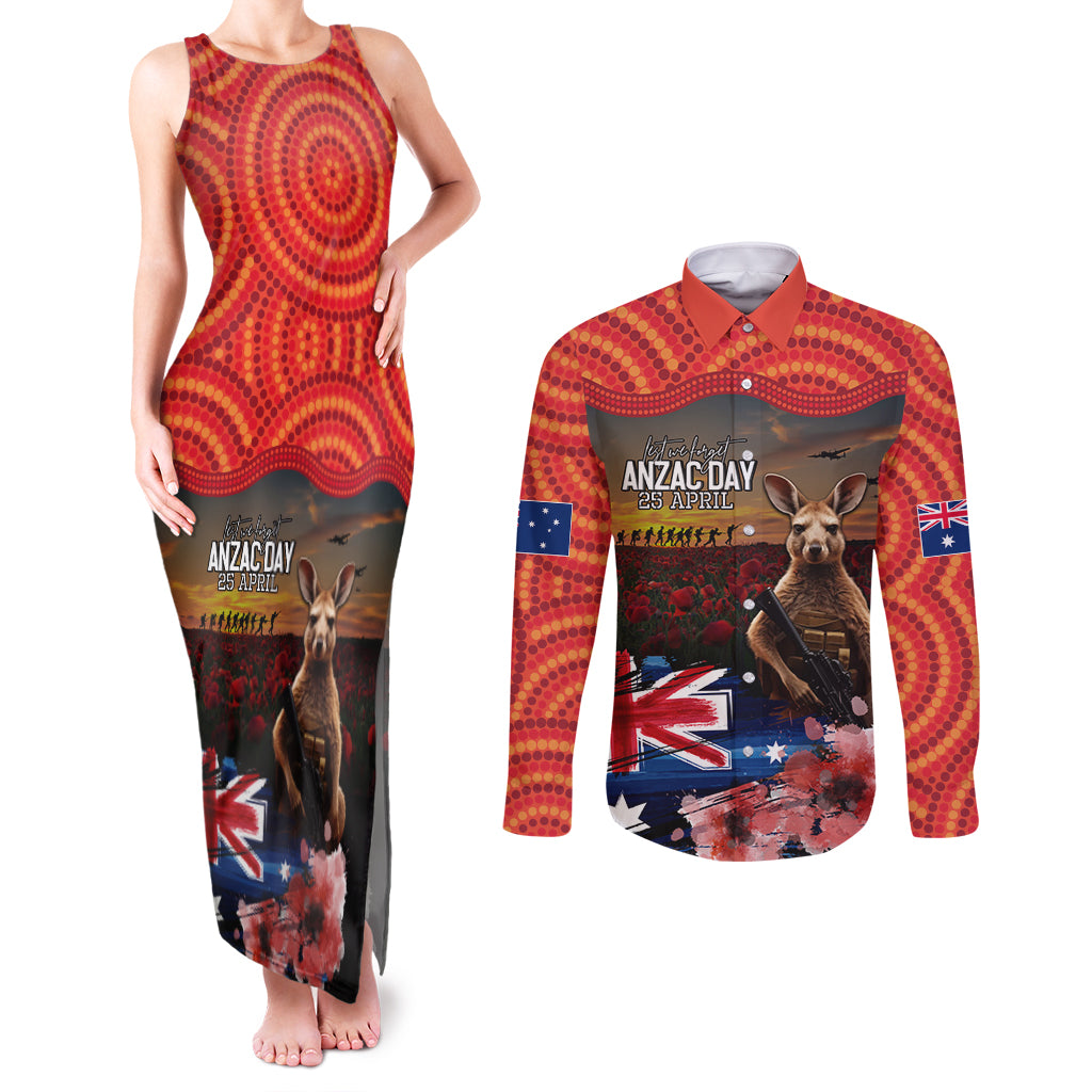 Australia ANZAC Day Couples Matching Tank Maxi Dress and Long Sleeve Button Shirt Koala and Kangaroo Red Poppy Flower Field Aboriginal Pattern