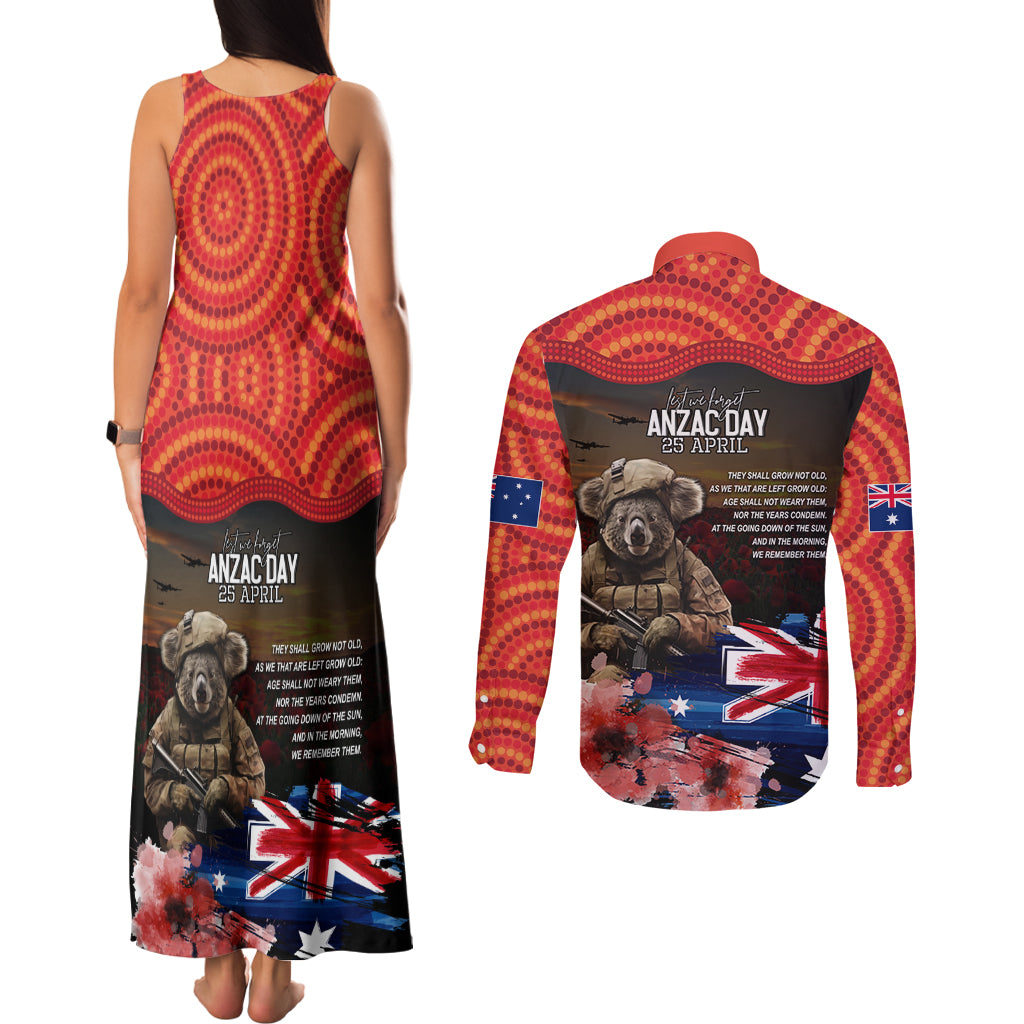 Australia ANZAC Day Couples Matching Tank Maxi Dress and Long Sleeve Button Shirt Koala and Kangaroo Red Poppy Flower Field Aboriginal Pattern