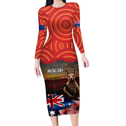 Australia ANZAC Day Family Matching Long Sleeve Bodycon Dress and Hawaiian Shirt Koala and Kangaroo Red Poppy Flower Field Aboriginal Pattern