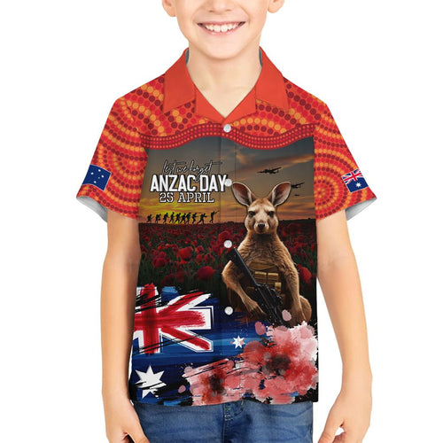Australia ANZAC Day Family Matching Off The Shoulder Long Sleeve Dress and Hawaiian Shirt Koala and Kangaroo Red Poppy Flower Field Aboriginal Pattern
