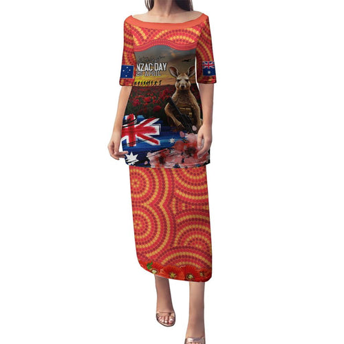 Australia ANZAC Day Family Matching Puletasi and Hawaiian Shirt Koala and Kangaroo Red Poppy Flower Field Aboriginal Pattern