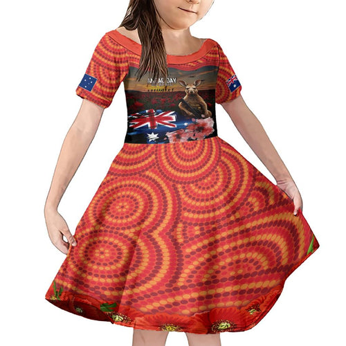 Australia ANZAC Day Family Matching Short Sleeve Bodycon Dress and Hawaiian Shirt Koala and Kangaroo Red Poppy Flower Field Aboriginal Pattern