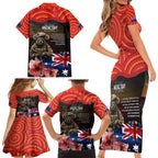 Australia ANZAC Day Family Matching Short Sleeve Bodycon Dress and Hawaiian Shirt Koala and Kangaroo Red Poppy Flower Field Aboriginal Pattern