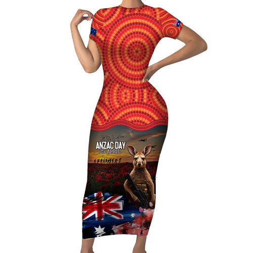 Australia ANZAC Day Family Matching Short Sleeve Bodycon Dress and Hawaiian Shirt Koala and Kangaroo Red Poppy Flower Field Aboriginal Pattern