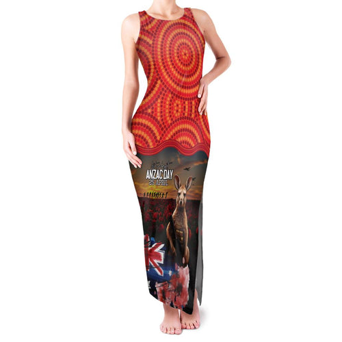 Australia ANZAC Day Family Matching Tank Maxi Dress and Hawaiian Shirt Koala and Kangaroo Red Poppy Flower Field Aboriginal Pattern