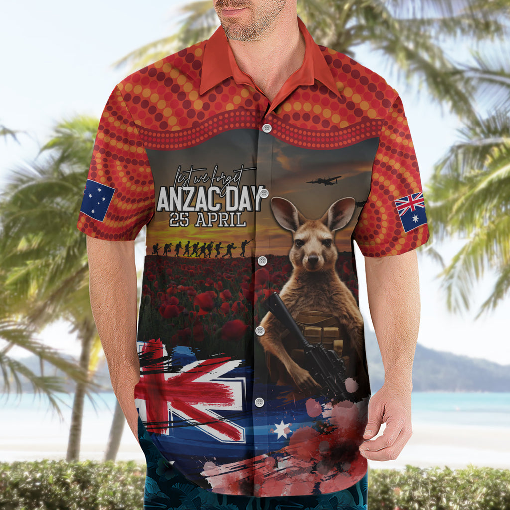 Australia ANZAC Day Hawaiian Shirt Koala and Kangaroo Red Poppy Flower Field Aboriginal Pattern