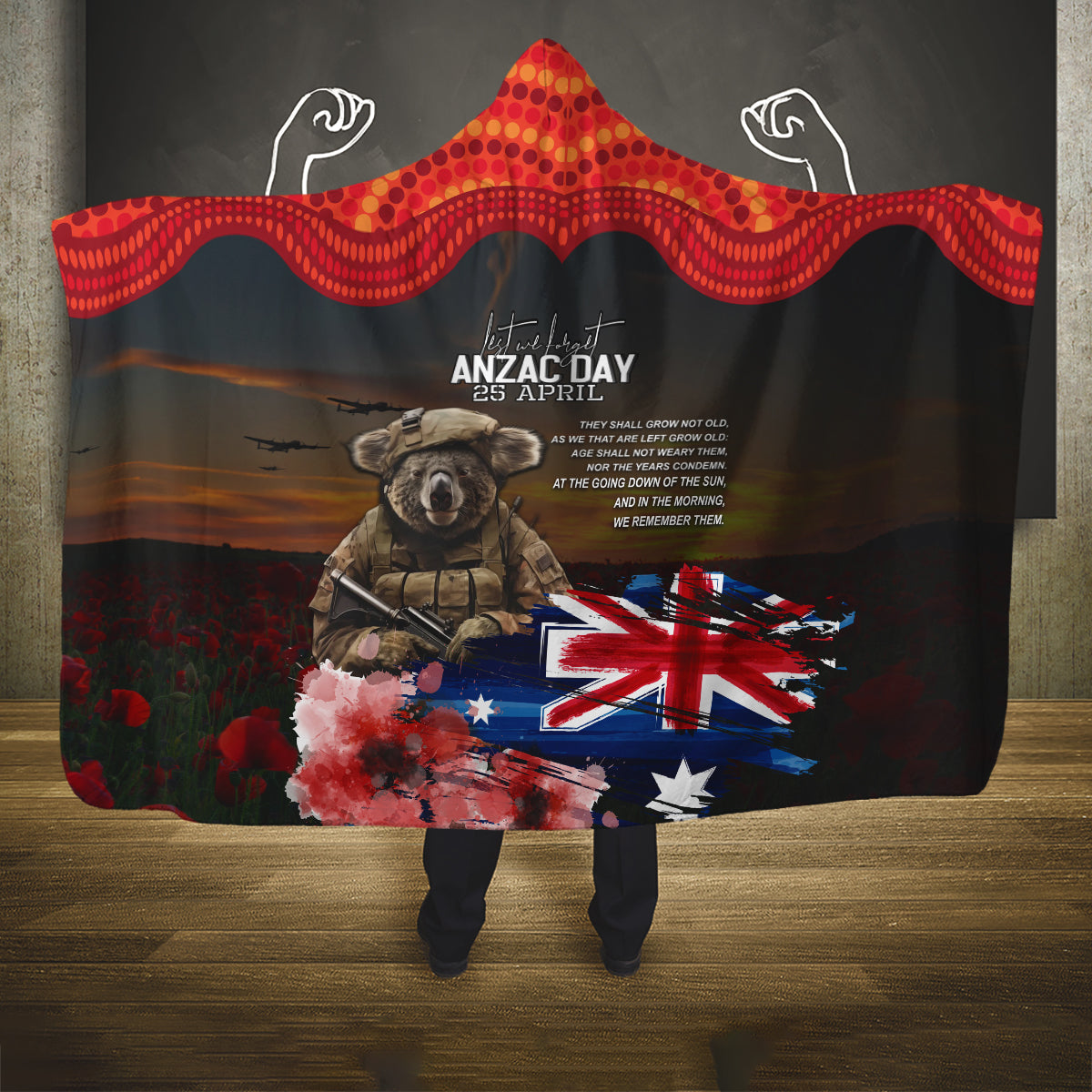 Australia ANZAC Day Hooded Blanket Koala and Kangaroo Red Poppy Flower Field Aboriginal Pattern
