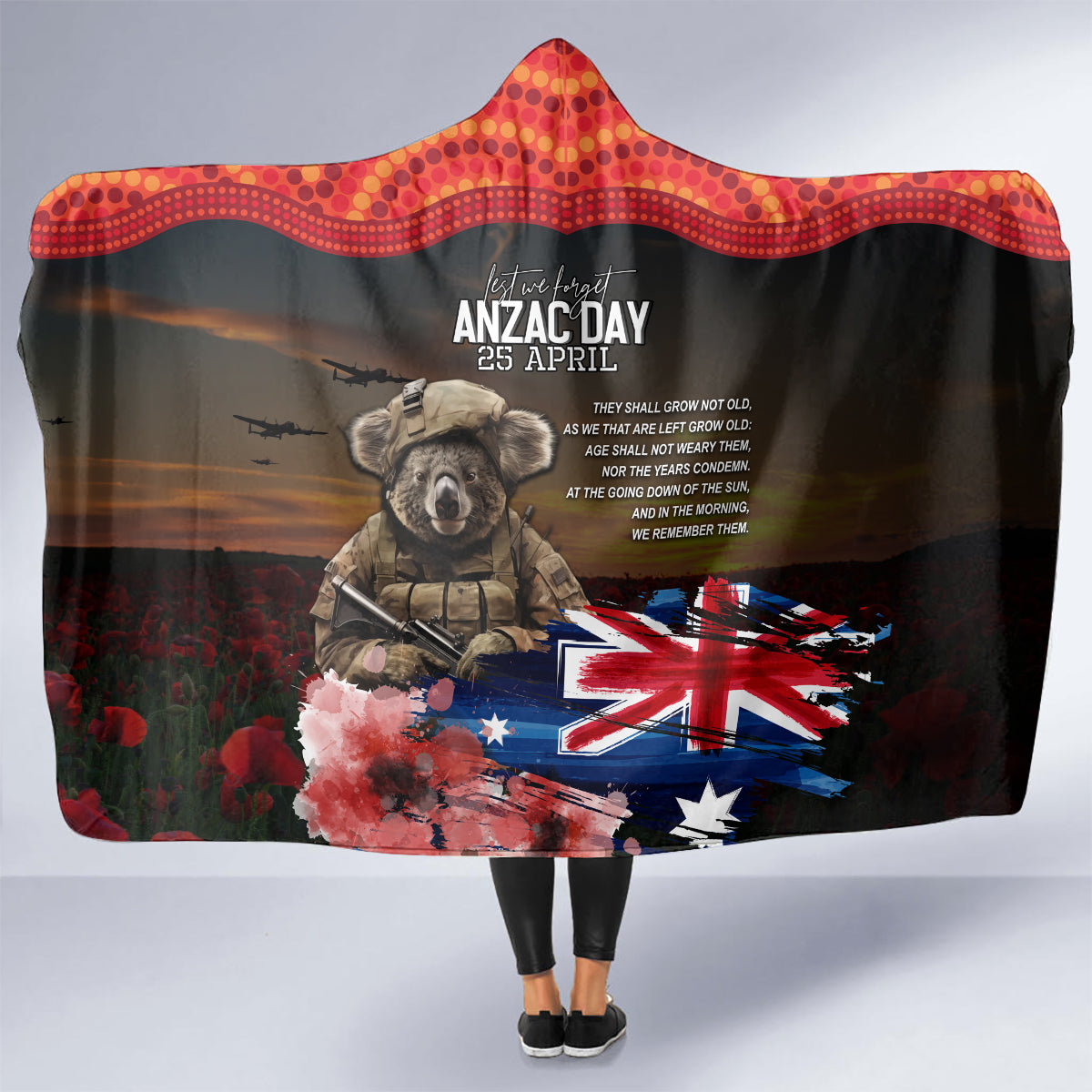 Australia ANZAC Day Hooded Blanket Koala and Kangaroo Red Poppy Flower Field Aboriginal Pattern