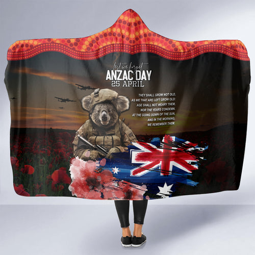 Australia ANZAC Day Hooded Blanket Koala and Kangaroo Red Poppy Flower Field Aboriginal Pattern