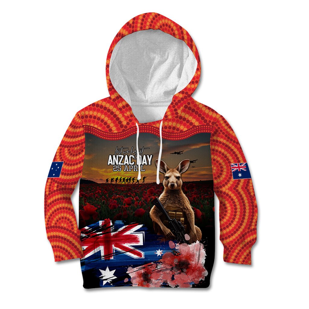Australia ANZAC Day Kid Hoodie Koala and Kangaroo Red Poppy Flower Field Aboriginal Pattern