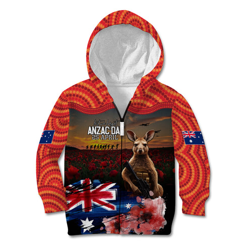 Australia ANZAC Day Kid Hoodie Koala and Kangaroo Red Poppy Flower Field Aboriginal Pattern