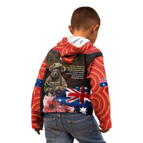 Australia ANZAC Day Kid Hoodie Koala and Kangaroo Red Poppy Flower Field Aboriginal Pattern