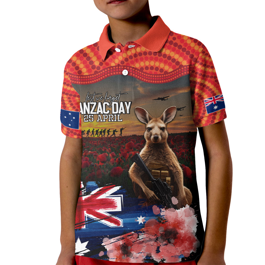 Australia ANZAC Day Kid Polo Shirt Koala and Kangaroo Red Poppy Flower Field Aboriginal Pattern