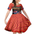 Australia ANZAC Day Kid Short Sleeve Dress Koala and Kangaroo Red Poppy Flower Field Aboriginal Pattern