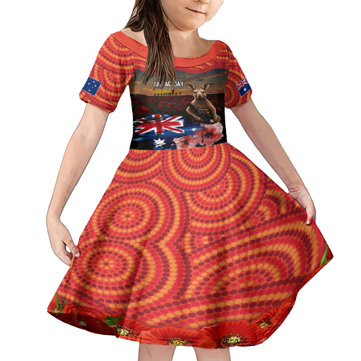 Australia ANZAC Day Kid Short Sleeve Dress Koala and Kangaroo Red Poppy Flower Field Aboriginal Pattern
