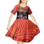 Australia ANZAC Day Kid Short Sleeve Dress Koala and Kangaroo Red Poppy Flower Field Aboriginal Pattern