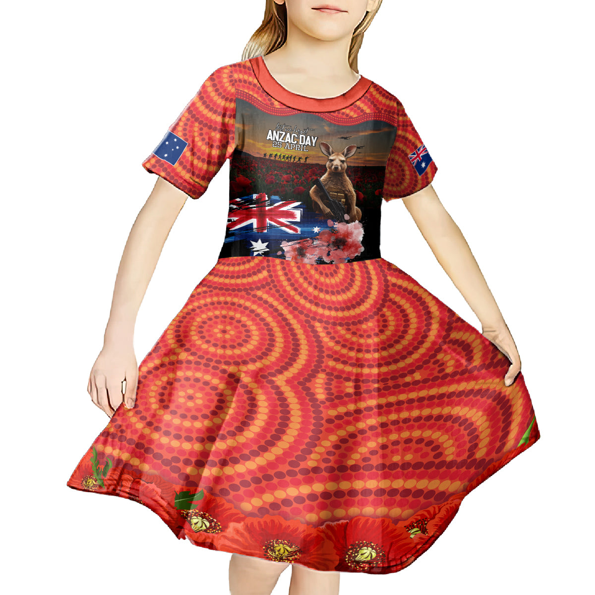 Australia ANZAC Day Kid Short Sleeve Dress Koala and Kangaroo Red Poppy Flower Field Aboriginal Pattern