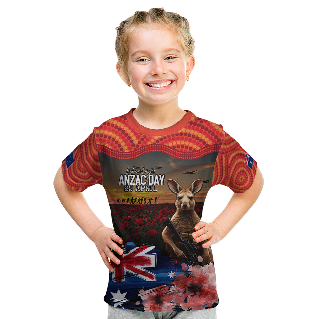 Australia ANZAC Day Kid T Shirt Koala and Kangaroo Red Poppy Flower Field Aboriginal Pattern