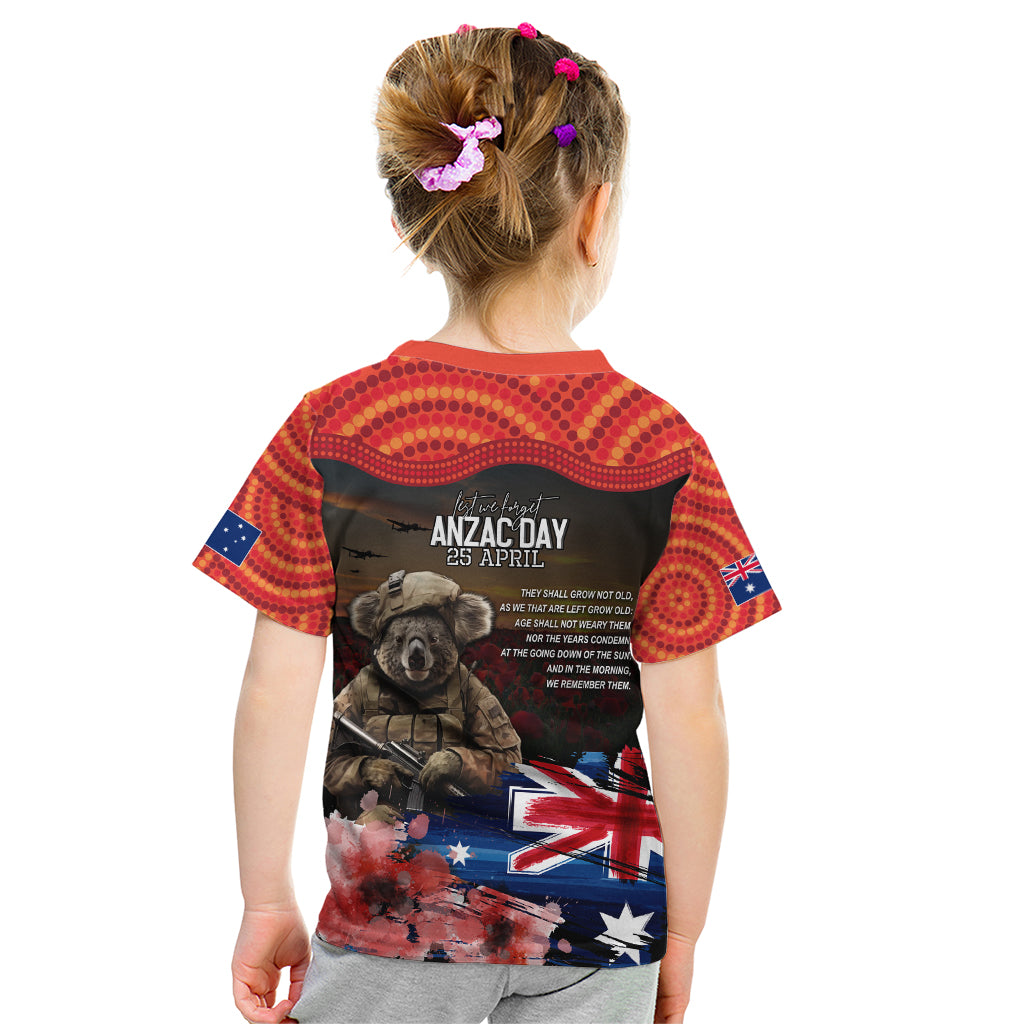 Australia ANZAC Day Kid T Shirt Koala and Kangaroo Red Poppy Flower Field Aboriginal Pattern