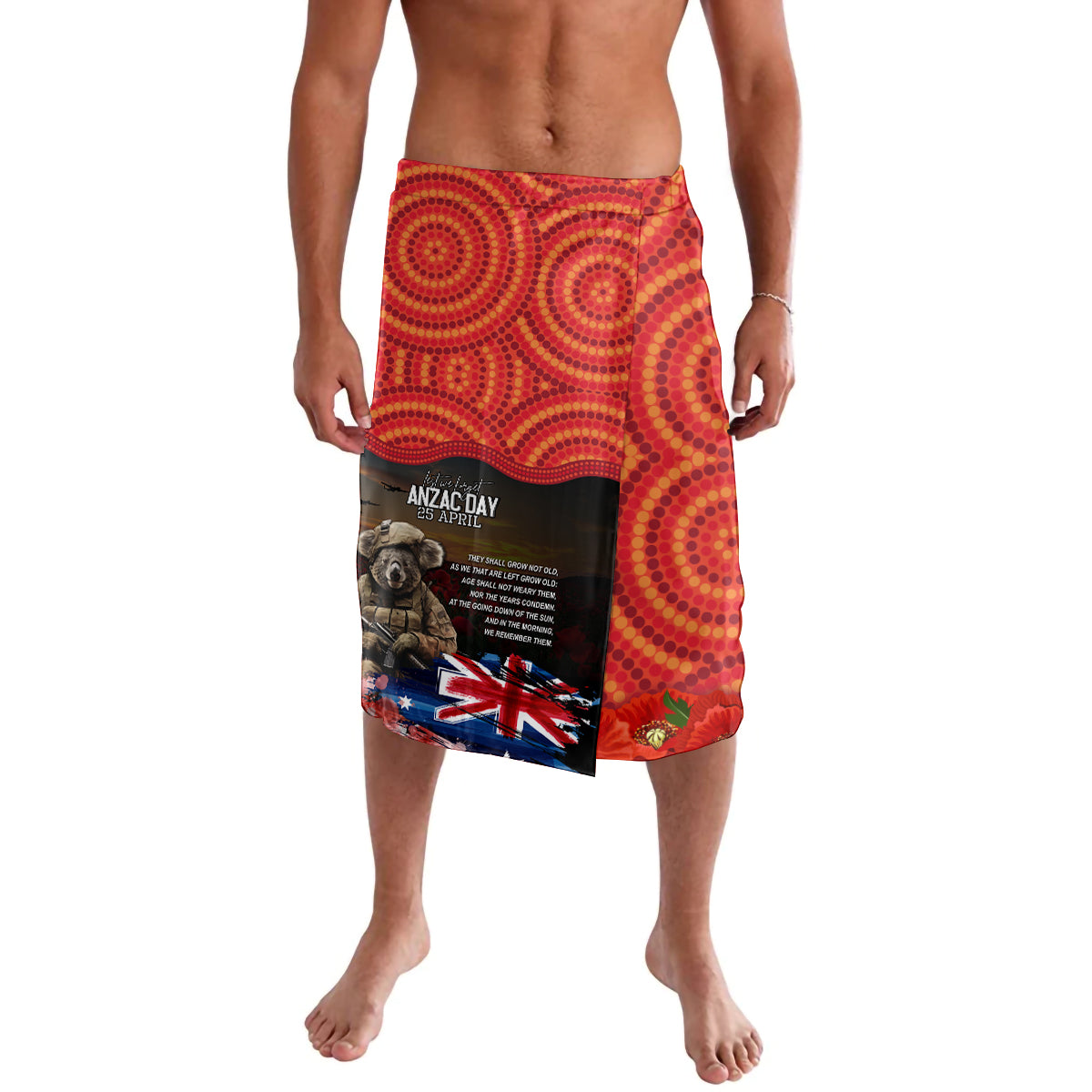 Australia ANZAC Day Lavalava Koala and Kangaroo Red Poppy Flower Field Aboriginal Pattern