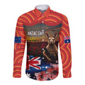 Australia ANZAC Day Long Sleeve Button Shirt Koala and Kangaroo Red Poppy Flower Field Aboriginal Pattern