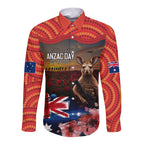 Australia ANZAC Day Long Sleeve Button Shirt Koala and Kangaroo Red Poppy Flower Field Aboriginal Pattern