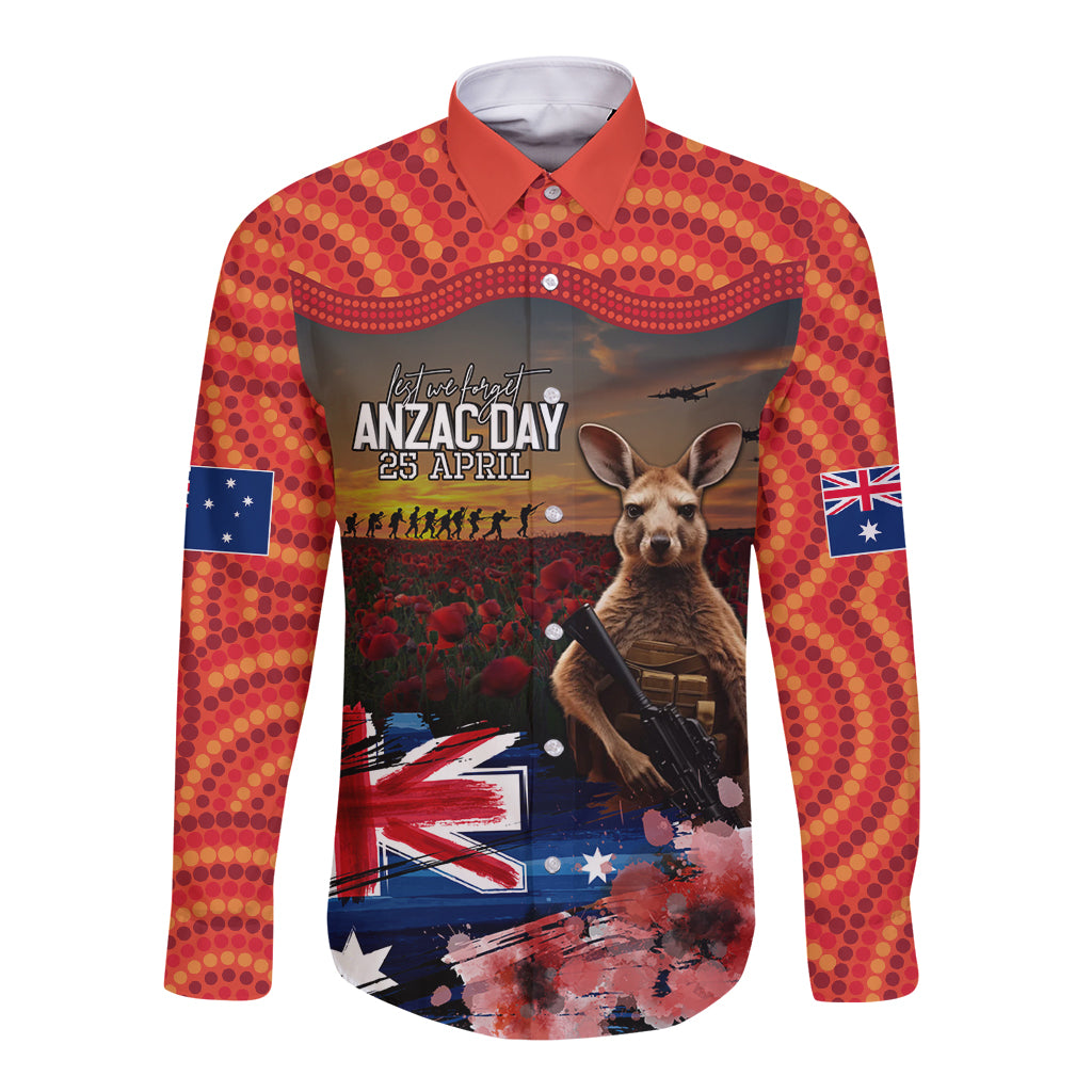 Australia ANZAC Day Long Sleeve Button Shirt Koala and Kangaroo Red Poppy Flower Field Aboriginal Pattern