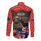 Australia ANZAC Day Long Sleeve Button Shirt Koala and Kangaroo Red Poppy Flower Field Aboriginal Pattern