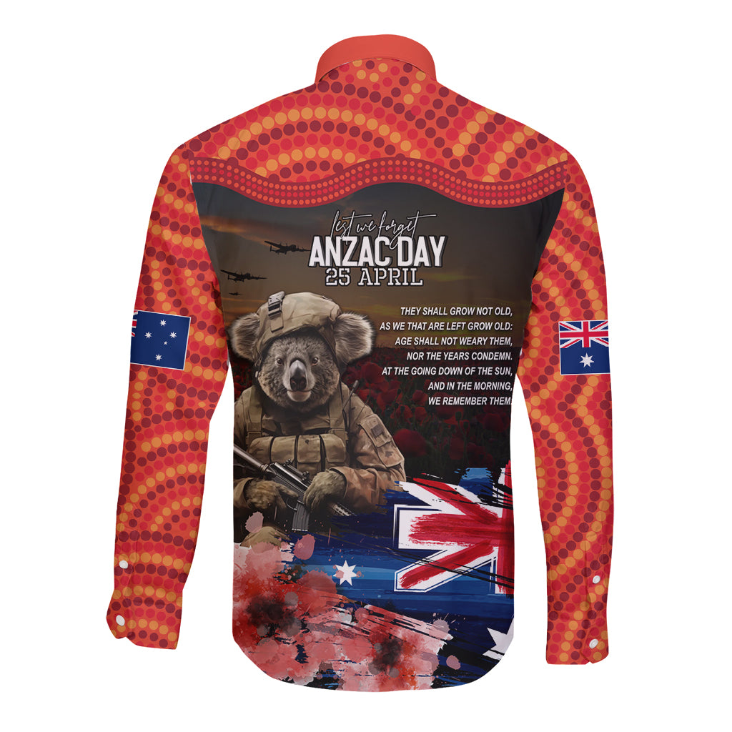 Australia ANZAC Day Long Sleeve Button Shirt Koala and Kangaroo Red Poppy Flower Field Aboriginal Pattern