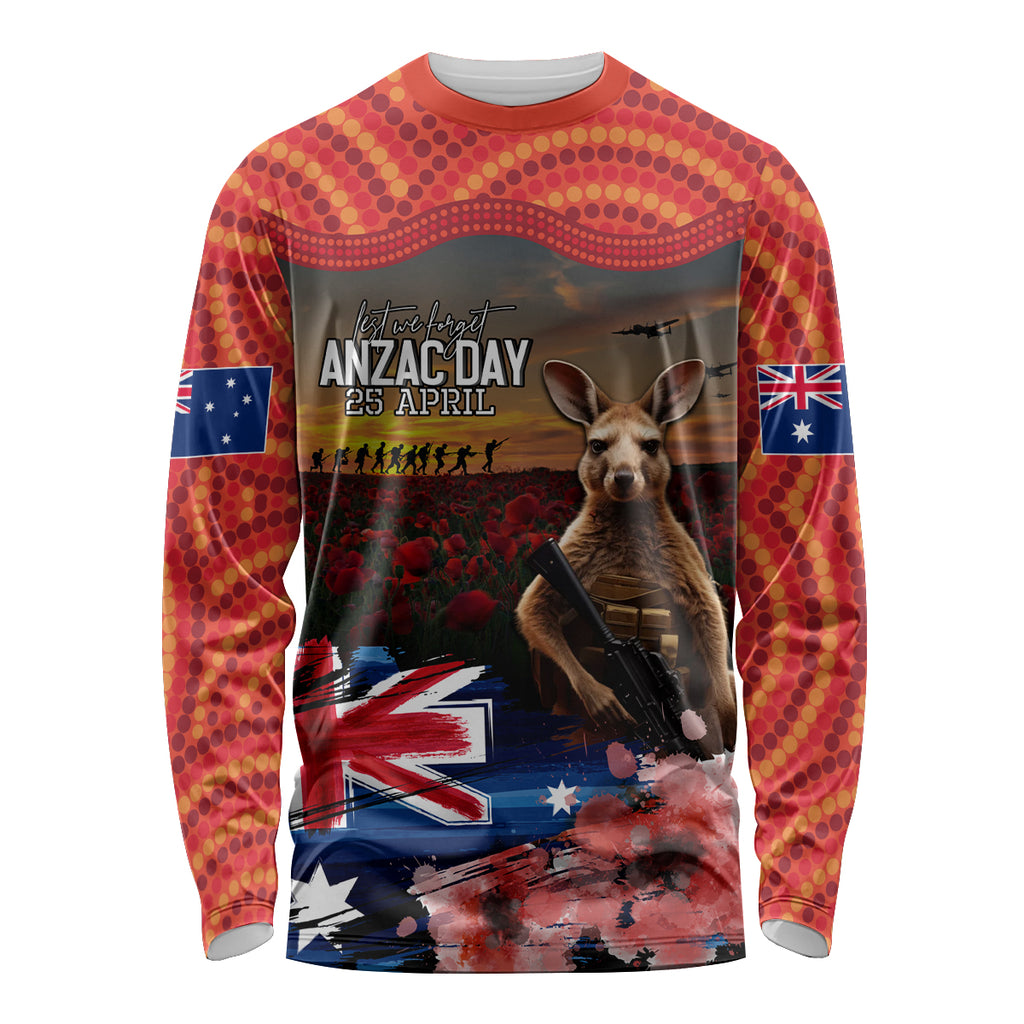 Australia ANZAC Day Long Sleeve Shirt Koala and Kangaroo Red Poppy Flower Field Aboriginal Pattern