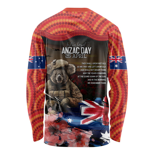 Australia ANZAC Day Long Sleeve Shirt Koala and Kangaroo Red Poppy Flower Field Aboriginal Pattern