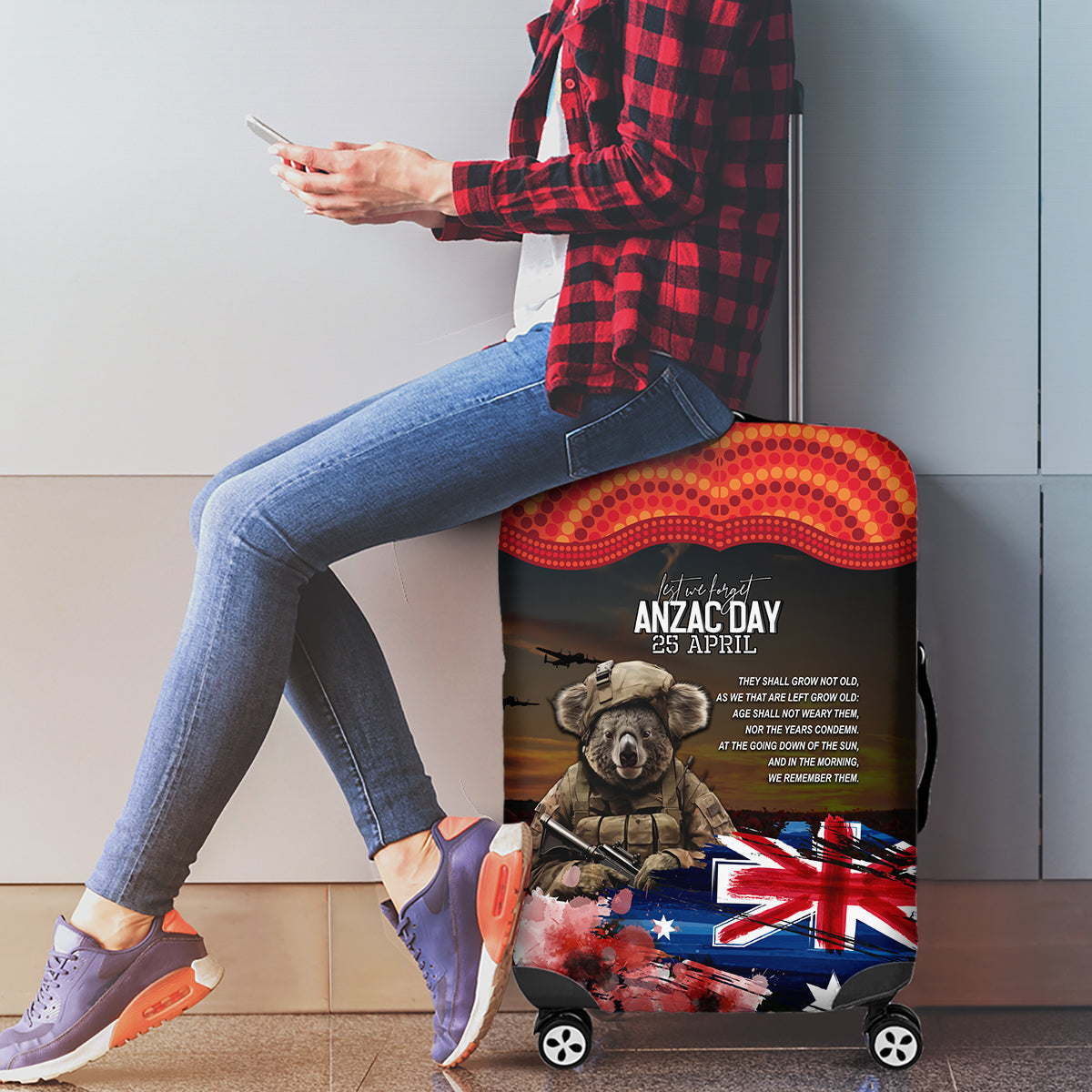Australia ANZAC Day Luggage Cover Koala and Kangaroo Red Poppy Flower Field Aboriginal Pattern