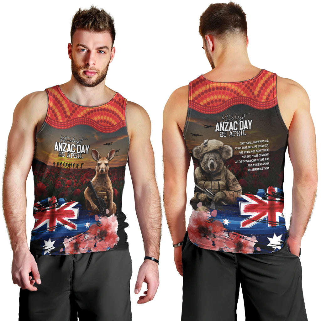 Australia ANZAC Day Men Tank Top Koala and Kangaroo Red Poppy Flower Field Aboriginal Pattern