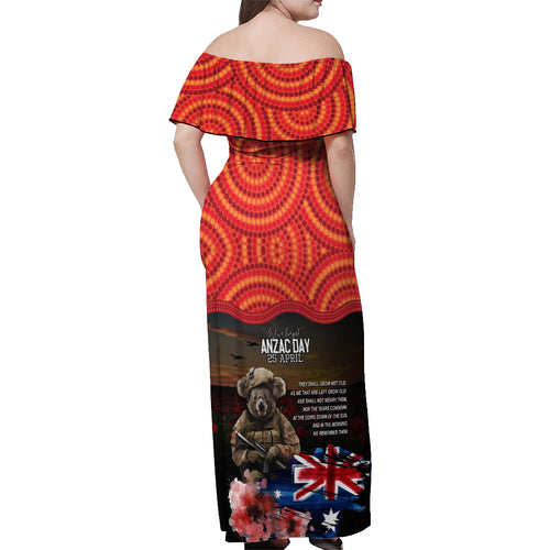 Australia ANZAC Day Off Shoulder Maxi Dress Koala and Kangaroo Red Poppy Flower Field Aboriginal Pattern