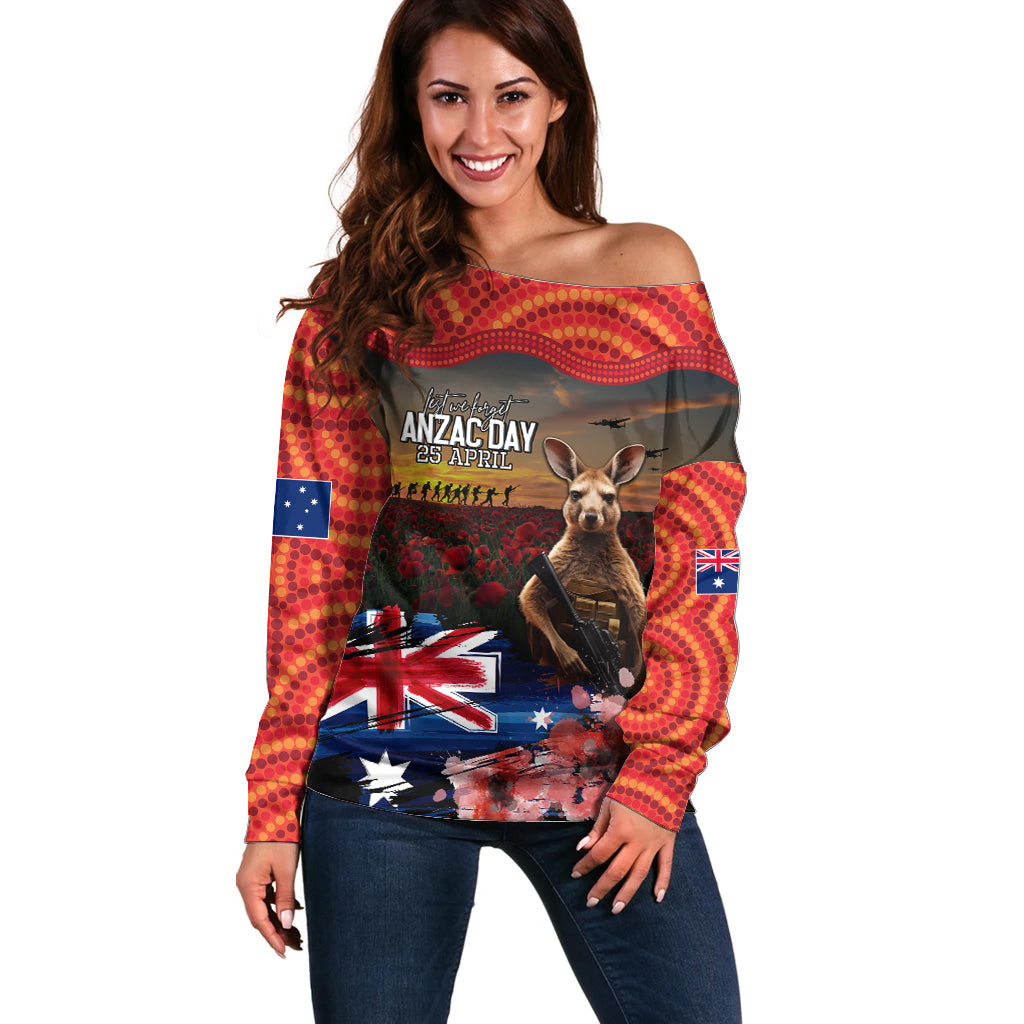 Australia ANZAC Day Off Shoulder Sweater Koala and Kangaroo Red Poppy Flower Field Aboriginal Pattern