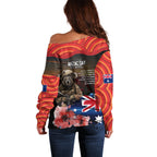 Australia ANZAC Day Off Shoulder Sweater Koala and Kangaroo Red Poppy Flower Field Aboriginal Pattern
