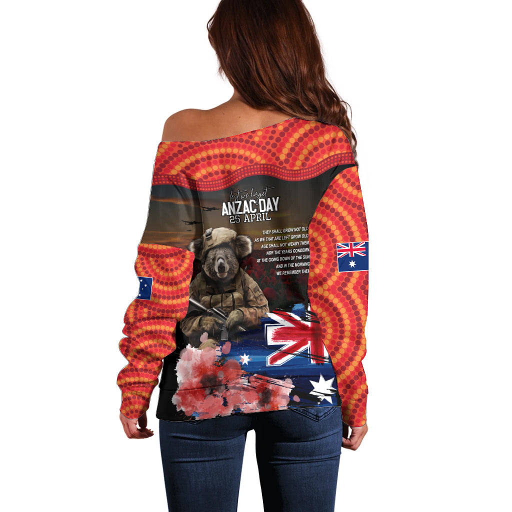 Australia ANZAC Day Off Shoulder Sweater Koala and Kangaroo Red Poppy Flower Field Aboriginal Pattern