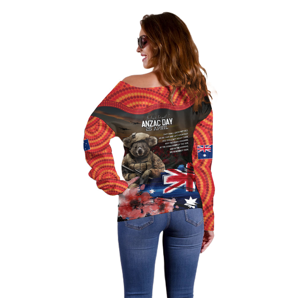 Australia ANZAC Day Off Shoulder Sweater Koala and Kangaroo Red Poppy Flower Field Aboriginal Pattern