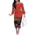 Australia ANZAC Day Off The Shoulder Long Sleeve Dress Koala and Kangaroo Red Poppy Flower Field Aboriginal Pattern