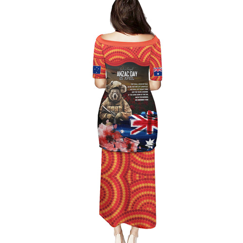 Australia ANZAC Day Puletasi Koala and Kangaroo Red Poppy Flower Field Aboriginal Pattern