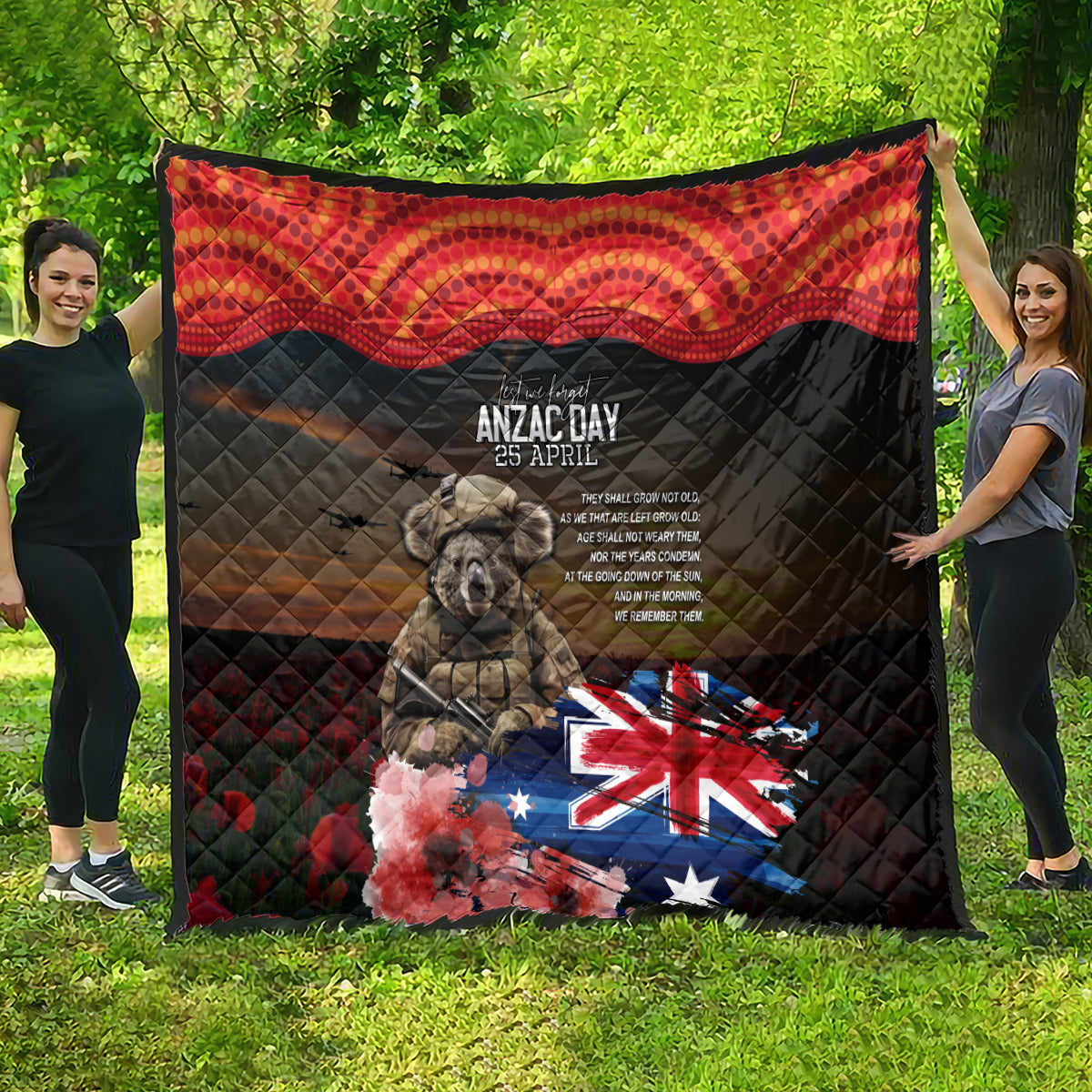 Australia ANZAC Day Quilt Koala and Kangaroo Red Poppy Flower Field Aboriginal Pattern