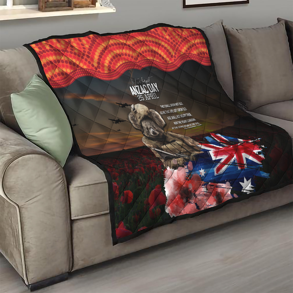 Australia ANZAC Day Quilt Koala and Kangaroo Red Poppy Flower Field Aboriginal Pattern