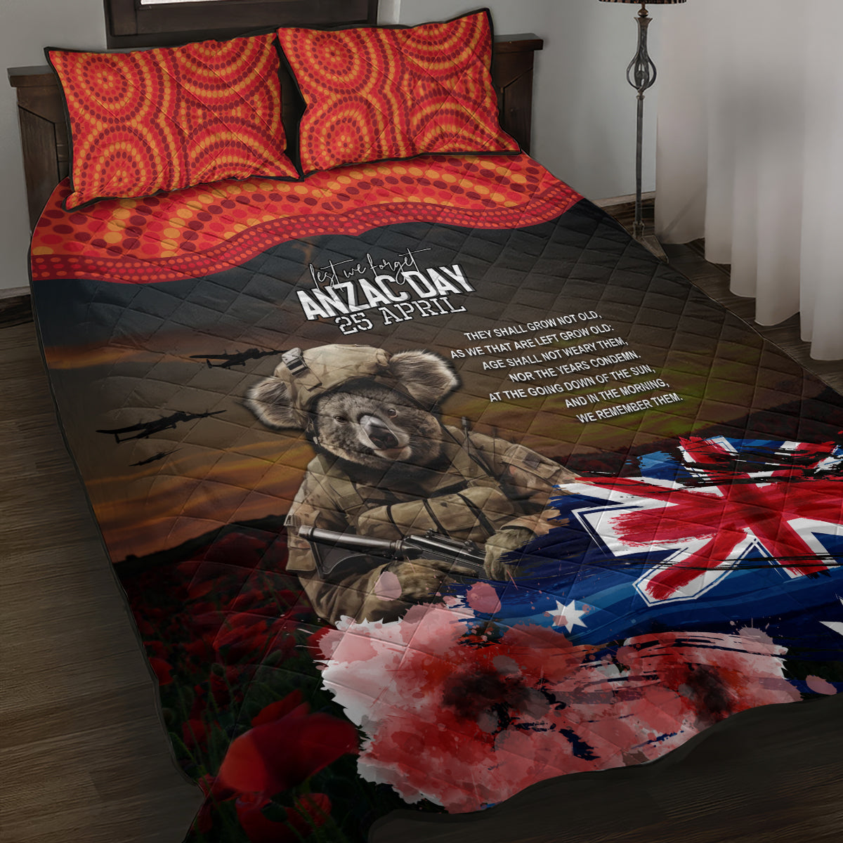 Australia ANZAC Day Quilt Bed Set Koala and Kangaroo Red Poppy Flower Field Aboriginal Pattern